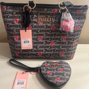 Juicy Couture Tote Bag with Wristlet (I heart Juicy) heart all over logo NEW
